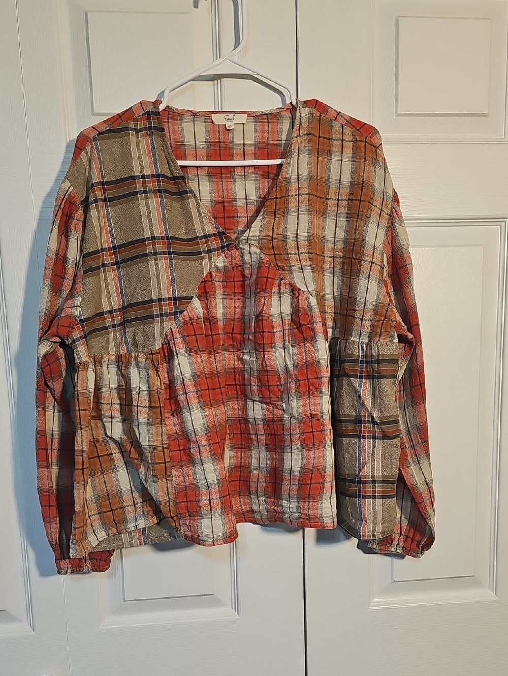 easel Plaid Patchwork V-Neck Blouse in Red, Tan, Cream